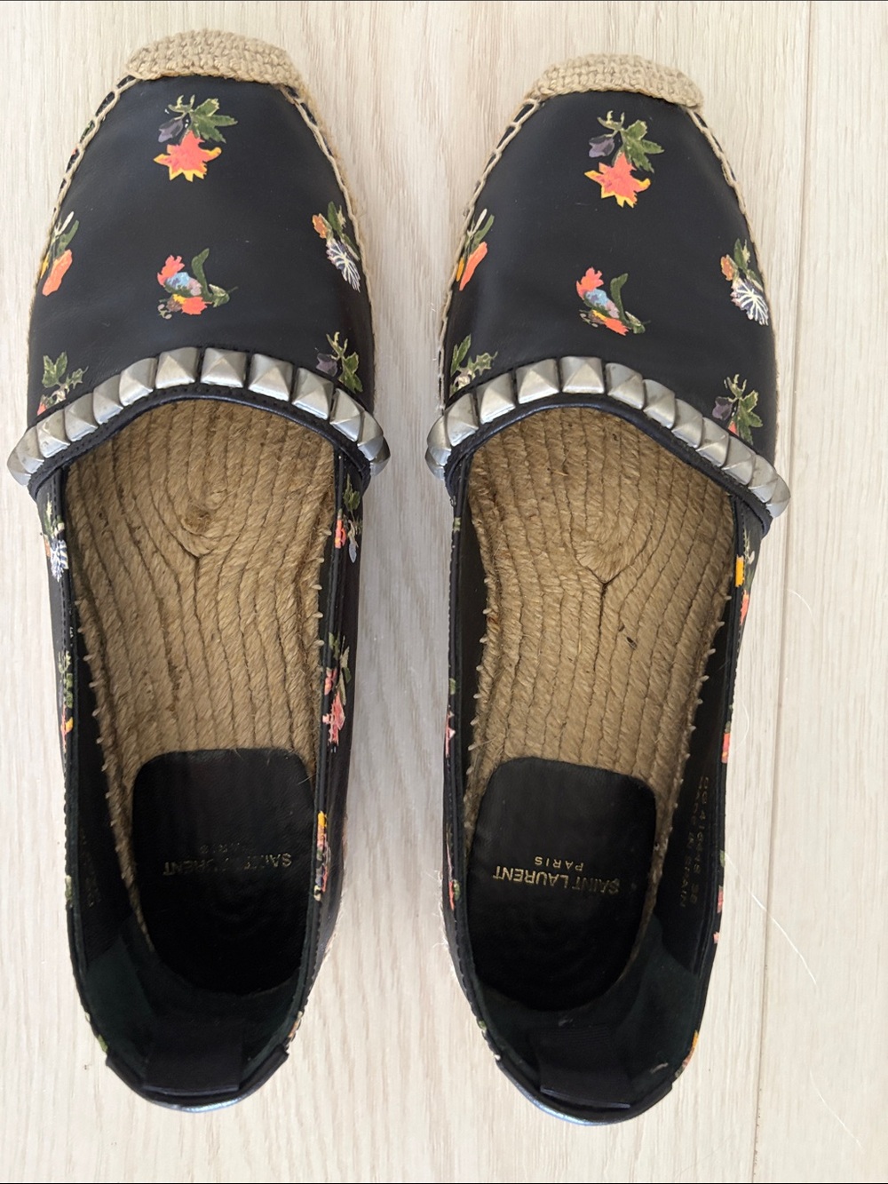 Saint Laurent Black Floral Espadrilles with Silver Stud Trim